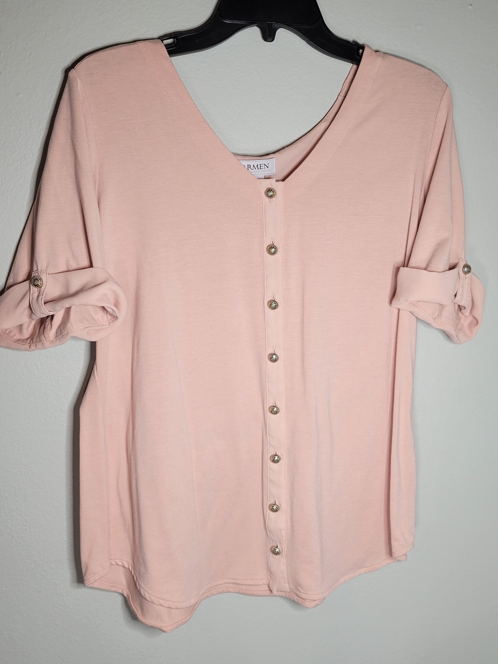 Carmen Lightweight Blush Button-Down Roll-Sleeve Top